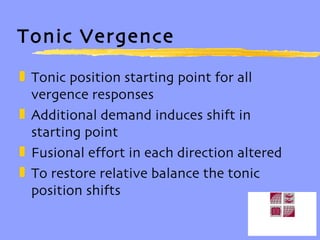 Tonic Vergence Tonic position starting point for all vergence responses Additional demand induces shift in starting point Fusional effort in each direction altered To restore relative balance the tonic position shifts