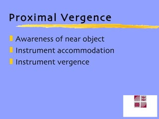 Proximal Vergence Awareness of near object Instrument accommodation  Instrument vergence 