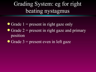 Grading System: eg for right beating nystagmus Grade 1 = present in right gaze only Grade 2 = present in right gaze and primary position Grade 3 = present even in left gaze 
