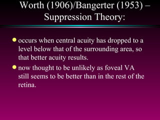 Worth (1906)/Bangerter (1953) – Suppression Theory: occurs when central acuity has dropped to a level below that of the surrounding area, so that better acuity results.  now thought to be unlikely as foveal VA still seems to be better than in the rest of the retina. 