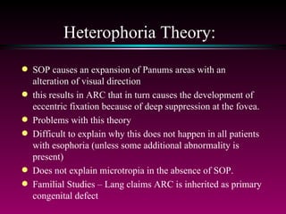 Heterophoria Theory:  SOP causes an expansion of Panums areas with an alteration of visual direction this results in ARC that in turn causes the development of eccentric fixation because of deep suppression at the fovea. Problems with this theory Difficult to explain why this does not happen in all patients with esophoria (unless some additional abnormality is present) Does not explain microtropia in the absence of SOP. Familial Studies – Lang claims ARC is inherited as primary congenital defect 