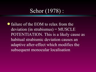Schor (1978) :  failure of the EOM to relax from the deviation (in strabismus) = MUSCLE POTENTIATION. This is a likely cause as habitual strabismic deviation causes an adaptive after-effect which modifies the subsequent monocular localisation 