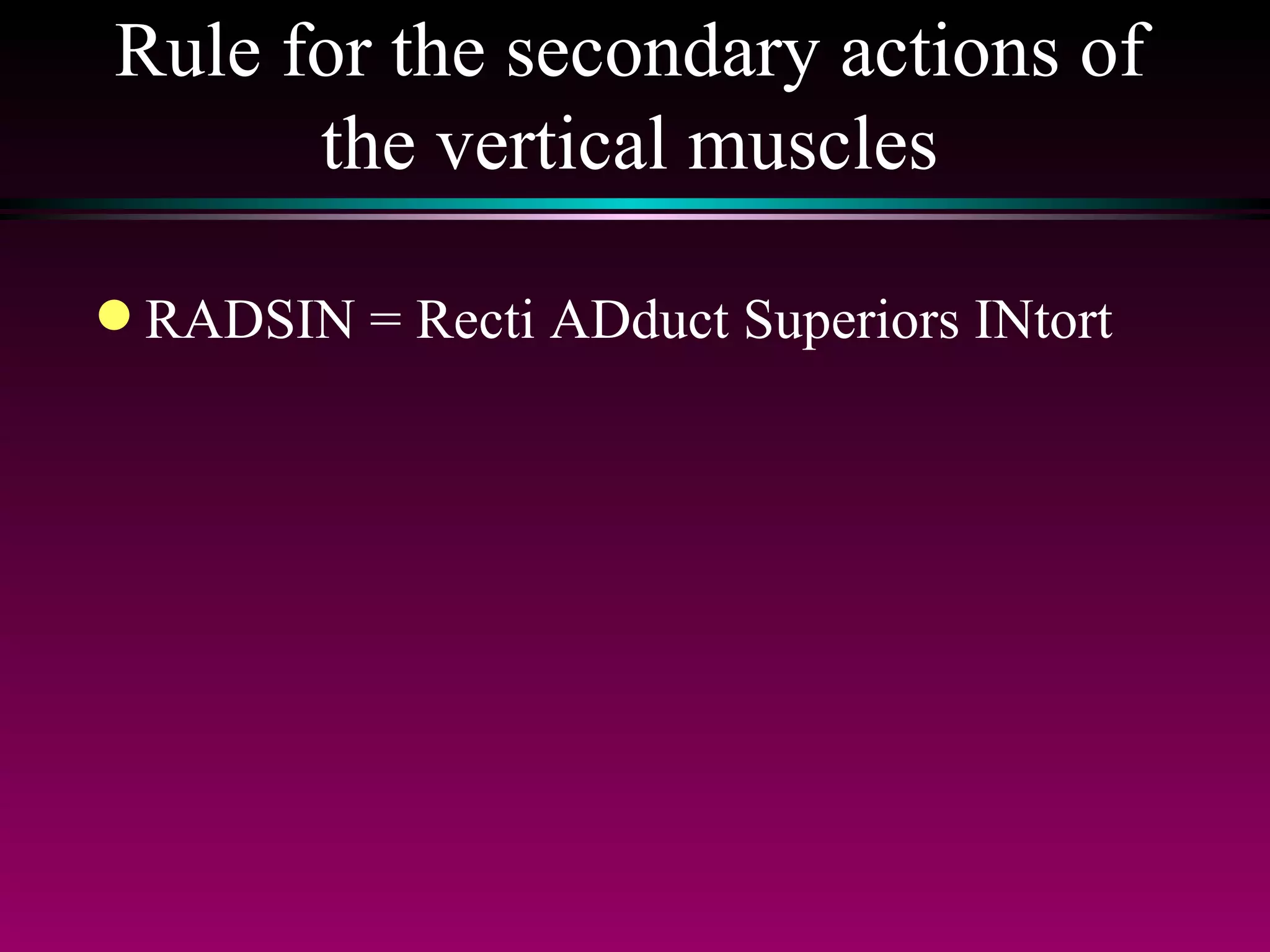 Rule for the secondary actions of the vertical muscles RADSIN = Recti ADduct Superiors INtort 
