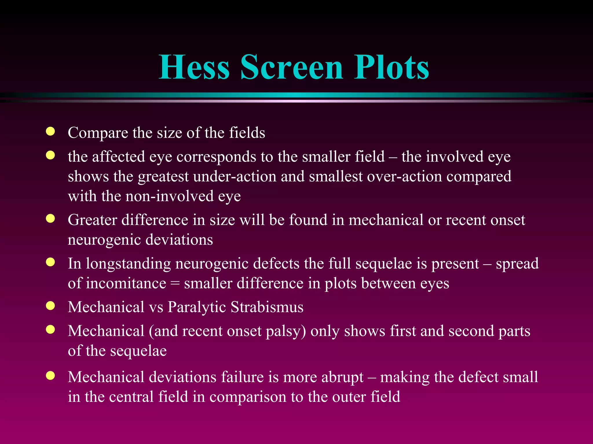 Hess Screen Plots Compare the size of the fields  the affected eye corresponds to the smaller field – the involved eye shows the greatest under-action and smallest over-action compared with the non-involved eye Greater difference in size will be found in mechanical or recent onset neurogenic deviations In longstanding neurogenic defects the full sequelae is present – spread of incomitance = smaller difference in plots between eyes Mechanical vs Paralytic Strabismus Mechanical (and recent onset palsy) only shows first and second parts of the sequelae Mechanical deviations failure is more abrupt – making the defect small in the central field in comparison to the outer field 