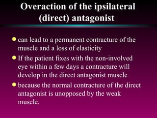 Overaction of the ipsilateral (direct) antagonist   can lead to a permanent contracture of the muscle and a loss of elasticity If the patient fixes with the non-involved eye within a few days a contracture will develop in the direct antagonist muscle  because the normal contracture of the direct antagonist is unopposed by the weak muscle. 