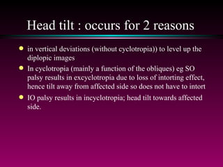 Head tilt : occurs for 2 reasons in vertical deviations (without cyclotropia)) to level up the diplopic images In cyclotropia (mainly a function of the obliques) eg SO palsy results in excyclotropia due to loss of intorting effect, hence tilt away from affected side so does not have to intort IO palsy results in incyclotropia; head tilt towards affected side. 