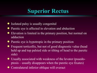 Superior Rectus Isolated palsy is usually congenital Paretic eye is affected in elevation and abduction Elevation is limited in the primary position, but normal on adduction Paretic eye is hypotropic in the primary position Frequent torticollis, but not of good diagnostic value (head held up and top palsied side or tilting of head to the paretic side) Usually associated with weakness of the levator (psuedo-ptosis – usually disappears when the paretic eye fixates) Contralateral inferior oblique will overact 