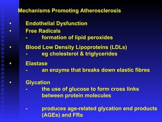 Mechanisms Promoting Atherosclerosis • Endothelial Dysfunction • Free Radicals - formation of lipid peroxides • Blood Low Density Lipoproteins (LDLs) - eg cholesterol & triglycerides • Elastase - an enzyme that breaks down elastic fibres • Glycation - the use of glucose to form cross links  between protein molecules - produces age-related glycation end products (AGEs) and FRs 