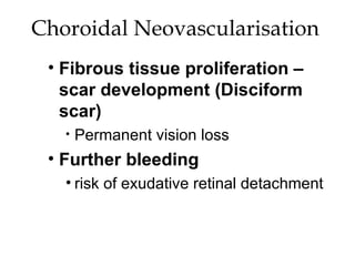 Choroidal Neovascularisation  Fibrous tissue proliferation – scar development (Disciform scar)  Permanent vision loss Further bleeding  risk of exudative retinal detachment 