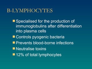 B-LYMPHOCYTES Specialised for the production of immunoglobulins after differentiation into plasma cells Controls pyogenic bacteria Prevents blood-borne infections Neutralise toxins 12% of total lymphocytes 