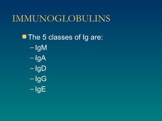 IMMUNOGLOBULINS The 5 classes of Ig are: IgM IgA IgD IgG IgE 