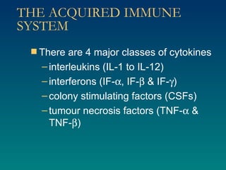 THE ACQUIRED IMMUNE SYSTEM There are 4 major classes of cytokines interleukins (IL-1 to IL-12) interferons (IF-  , IF-   & IF-  ) colony stimulating factors (CSFs) tumour necrosis factors (TNF-   & TNF-  ) 