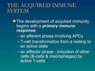 THE ACQUIRED IMMUNE SYSTEM The development of acquired immunity begins with a  primary immune response : an afferent phase involving APCs T-cell  transformation  from a resting to an active state an effector phase - induction of other cells (B-cells & macrophages) by active T-cells 