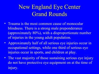 New England Eye Center Grand Rounds Trauma is the most common cause of monocular blindness. There is a strong male preponderance (approximately 80%), with a disproportionate number of injuries in the young adult population. Approximately half of all serious eye injuries occur in occupational settings, while one third of serious eye injuries occur in sports, and children at play. The vast majority of those sustaining serious eye injury do not have protective eye equipment on at the time of injury.   