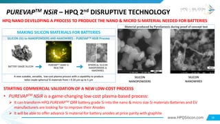 www.HPQSilicon.com 16
SILICON
NANOWIRES
HPQ NANO DEVELOPING A PROCESS TO PRODUCE THE NANO & MICRO Si MATERIAL NEEDED FOR B...