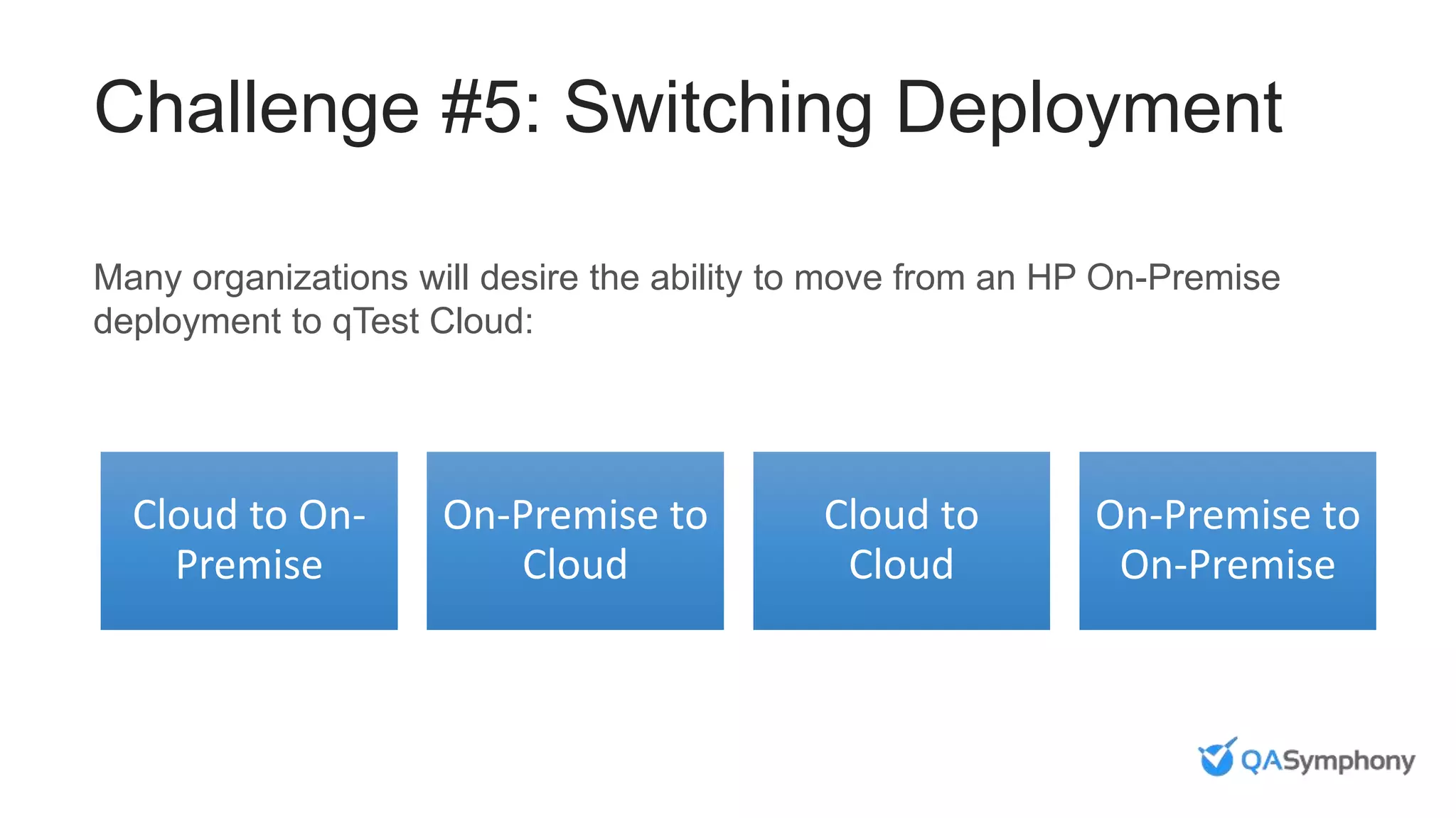 Challenge #5: Switching Deployment
Many organizations will desire the ability to move from an HP On-Premise
deployment to qTest Cloud:
Cloud to On-
Premise
On-Premise to
Cloud
Cloud to
Cloud
On-Premise to
On-Premise
 