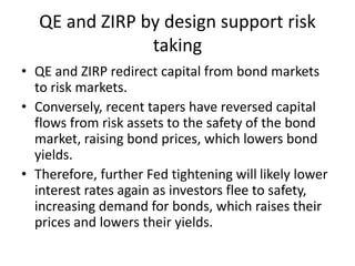 QE and ZIRP by design support risk
taking
• QE and ZIRP redirect capital from bond markets
to risk markets.
• Conversely, recent tapers have reversed capital
flows from risk assets to the safety of the bond
market, raising bond prices, which lowers bond
yields.
• Therefore, further Fed tightening will likely lower
interest rates again as investors flee to safety,
increasing demand for bonds, which raises their
prices and lowers their yields.
 