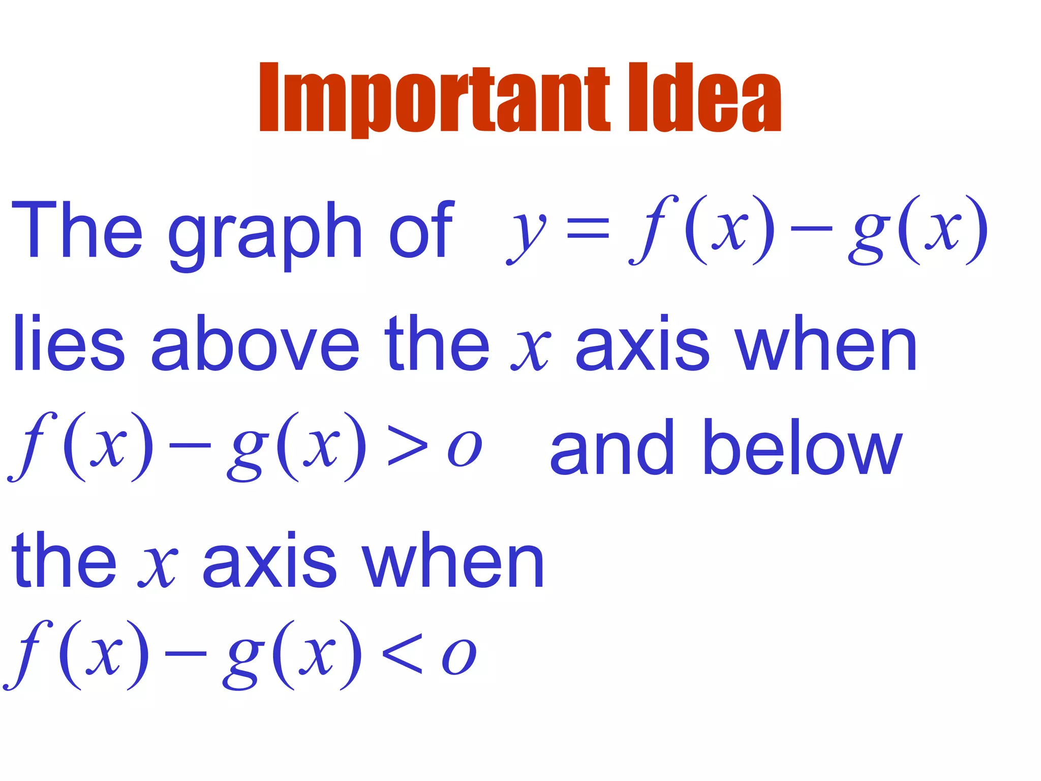 Important Idea
The graph of ( ) ( )y f x g x= −
lies above the x axis when
( ) ( )f x g x o− > and below
the x axis when
( ) ( )f x g x o− <
 