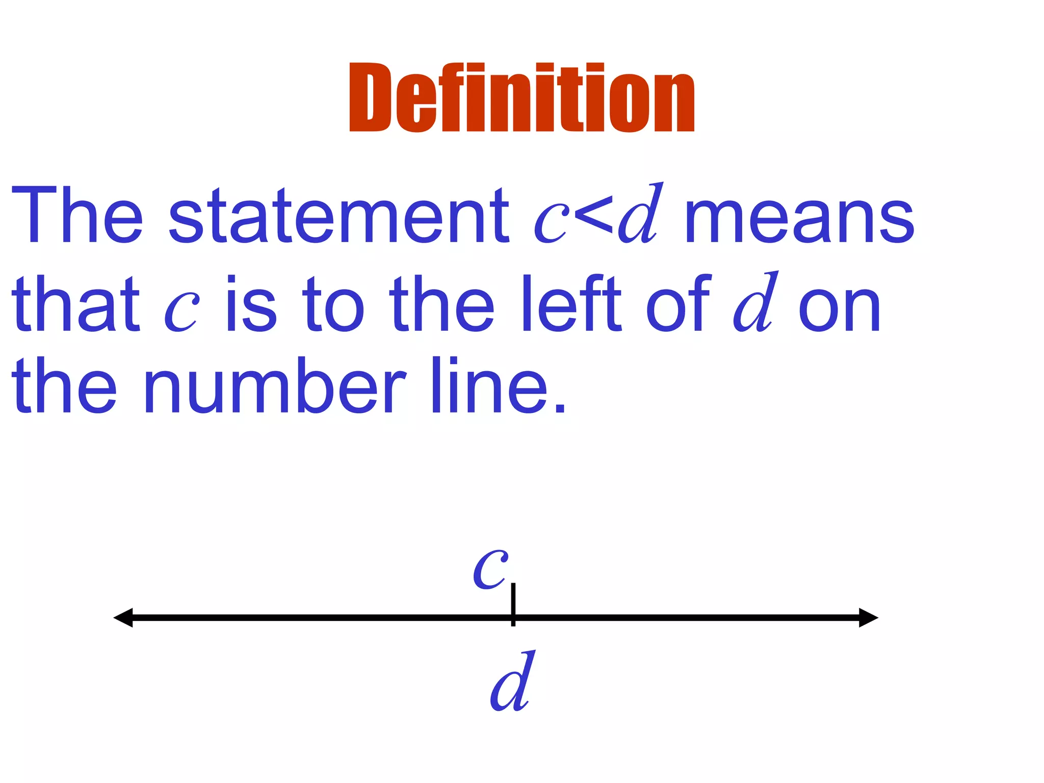 Definition
The statement c<d means
that c is to the left of d on
the number line.
d
c
 