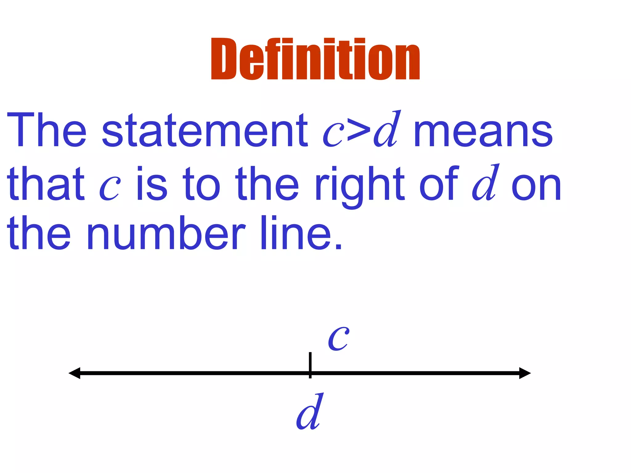 Definition
The statement c>d means
that c is to the right of d on
the number line.
d
c
 