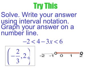 Try This
Solve. Write your answer
using interval notation.
Graph your answer on a
number line.
2
,2
3
 
− ÷
 
2 4 3 6x− < − <
 