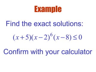 Example
Find the exact solutions:
Confirm with your calculator
6
( 5)( 2) ( 8) 0x x x+ − − ≤
 