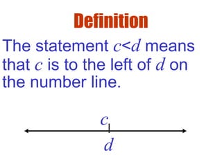 Definition
The statement c<d means
that c is to the left of d on
the number line.
d
c
 
