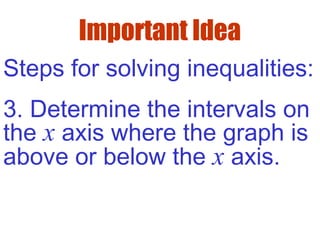 Important Idea
Steps for solving inequalities:
3. Determine the intervals on
the x axis where the graph is
above or below the x axis.
 