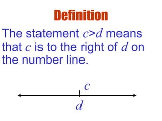Definition
The statement c>d means
that c is to the right of d on
the number line.
d
c
 