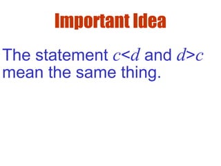 Important Idea
The statement c<d and d>c
mean the same thing.
 