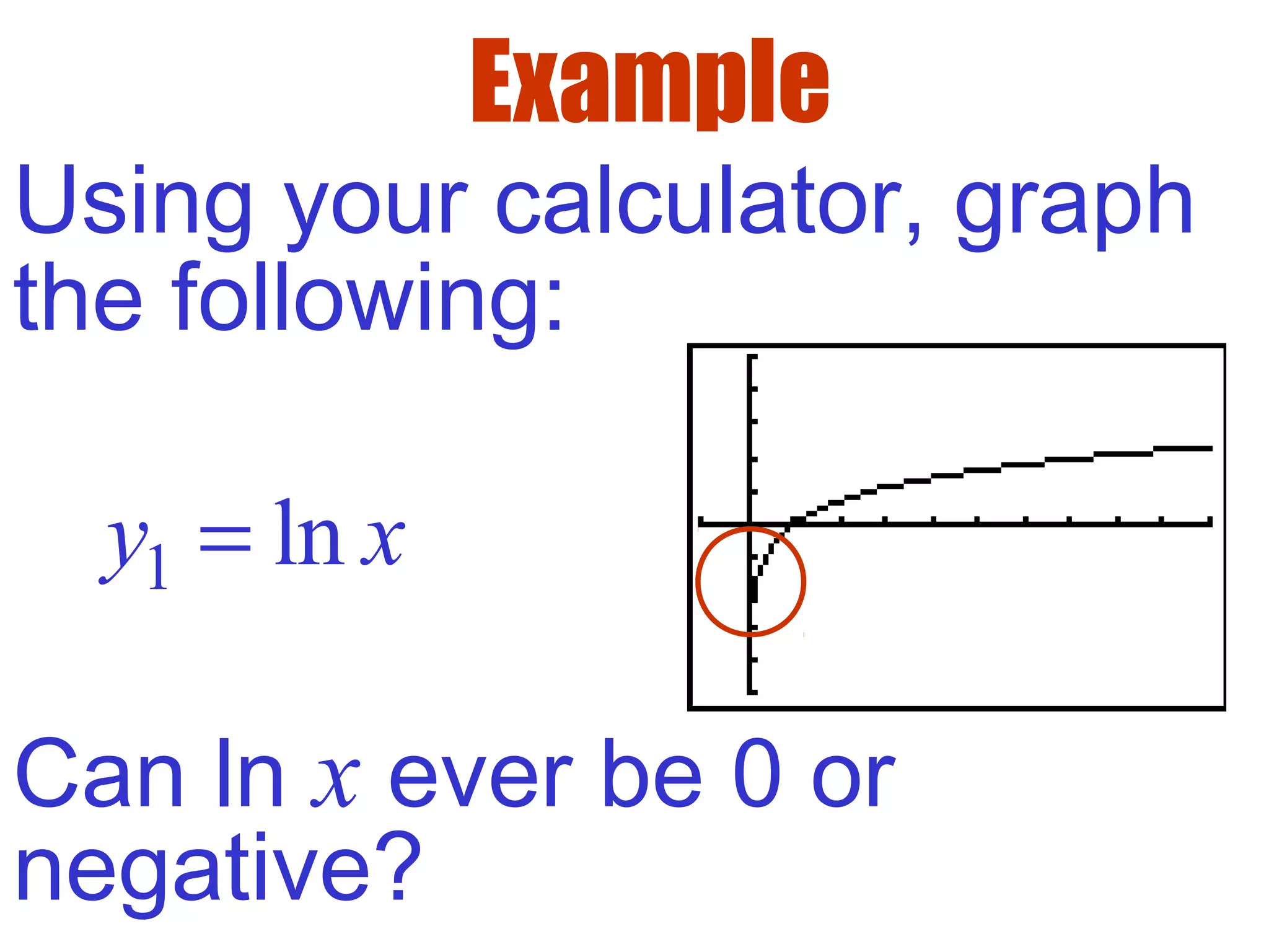 Example
Using your calculator, graph
the following:
1 lny x=
Can ln x ever be 0 or
negative?
 