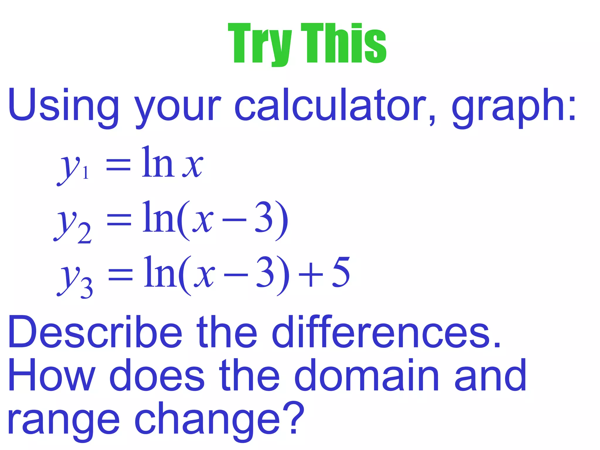 Try This
Using your calculator, graph:
1 lny x=
2 ln( 3)y x= −
3 ln( 3) 5y x= − +
Describe the differences.
How does the domain and
range change?
 