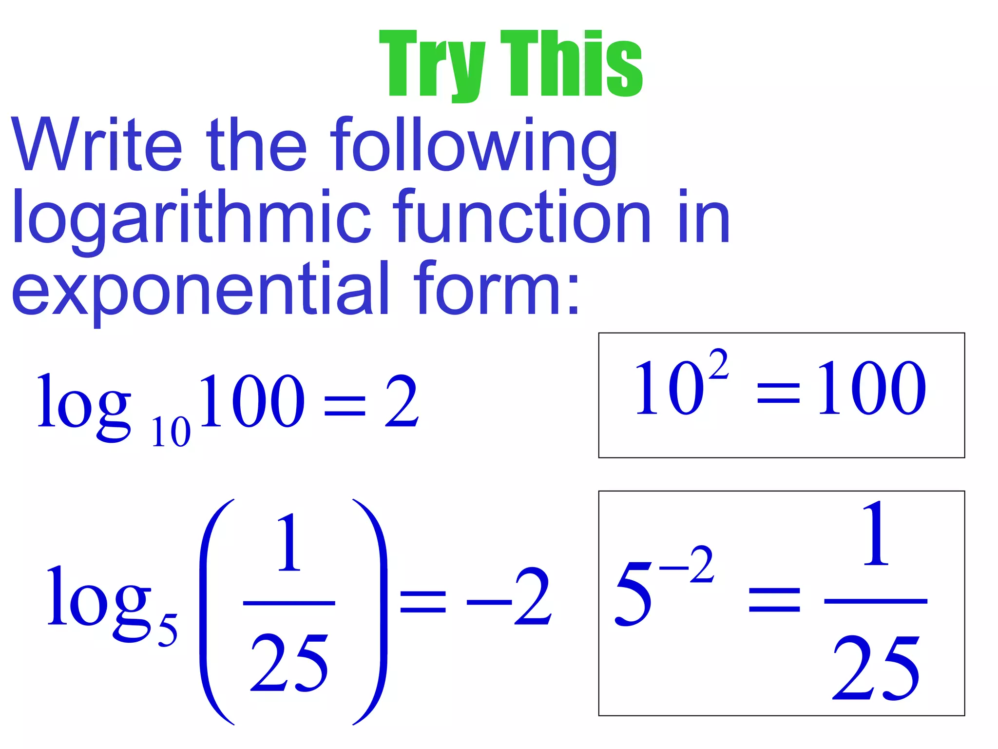 Try This
Write the following
logarithmic function in
exponential form:
2
10 100=10log 100 2=
2 1
5
25
−
=5
1
log 2
25
 
= − 
 
 