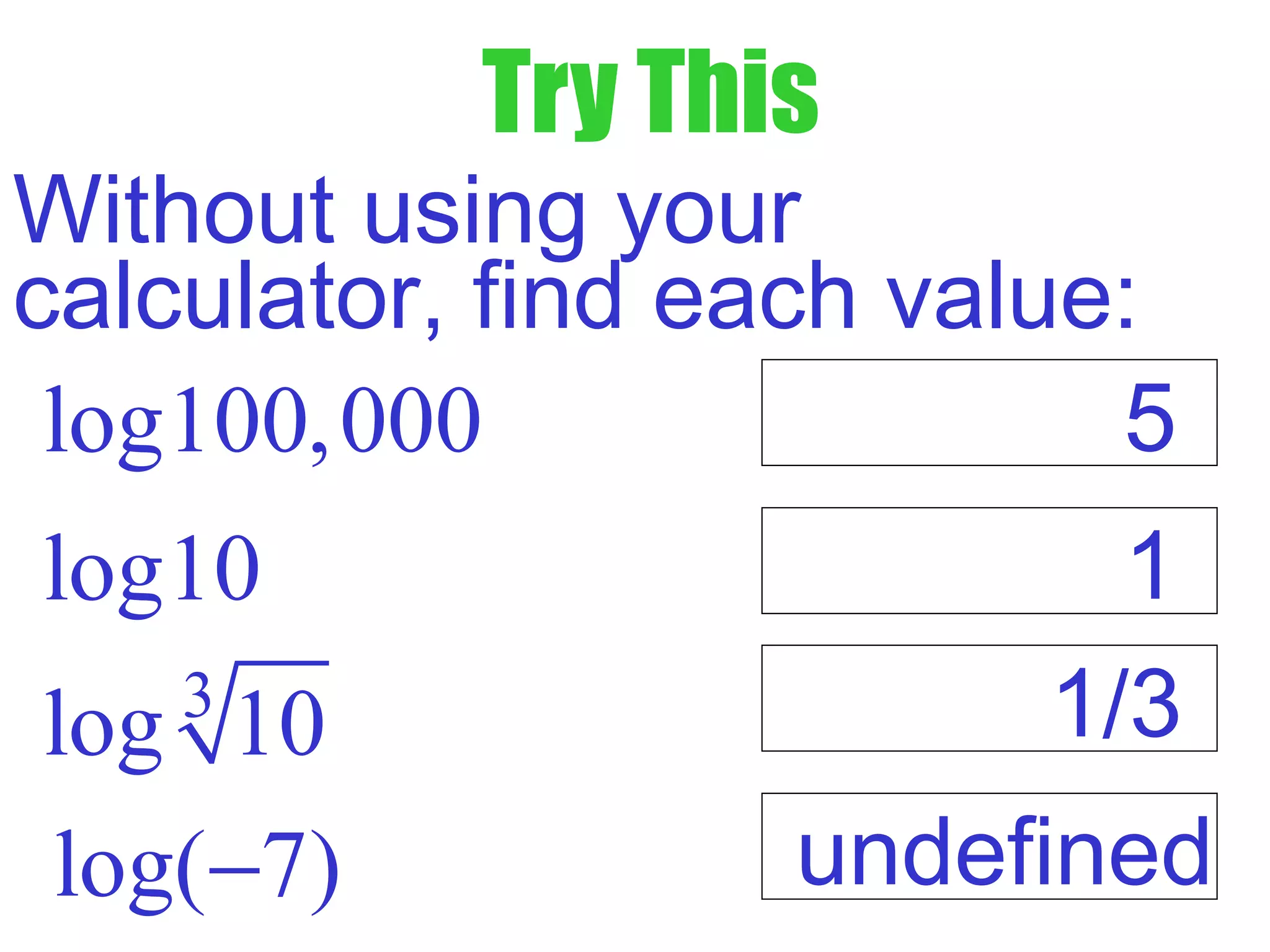 Try This
Without using your
calculator, find each value:
log100,000
log10
3
log 10
log( 7)−
5
1
1/3
undefined
 
