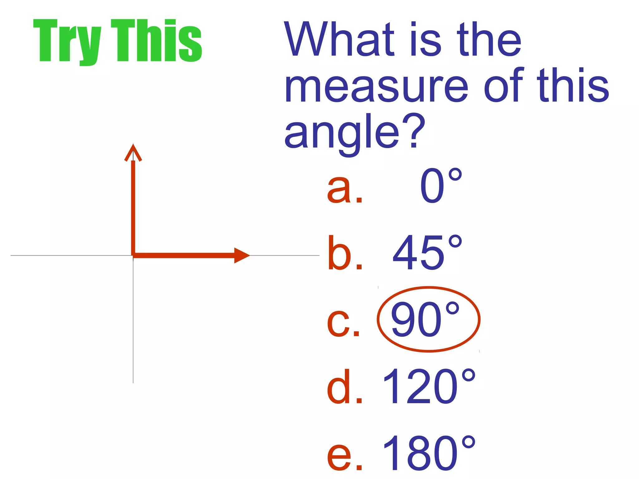 Try This What is the
measure of this
angle?
a. 0°
b. 45°
c. 90°
d. 120°
e. 180°
 