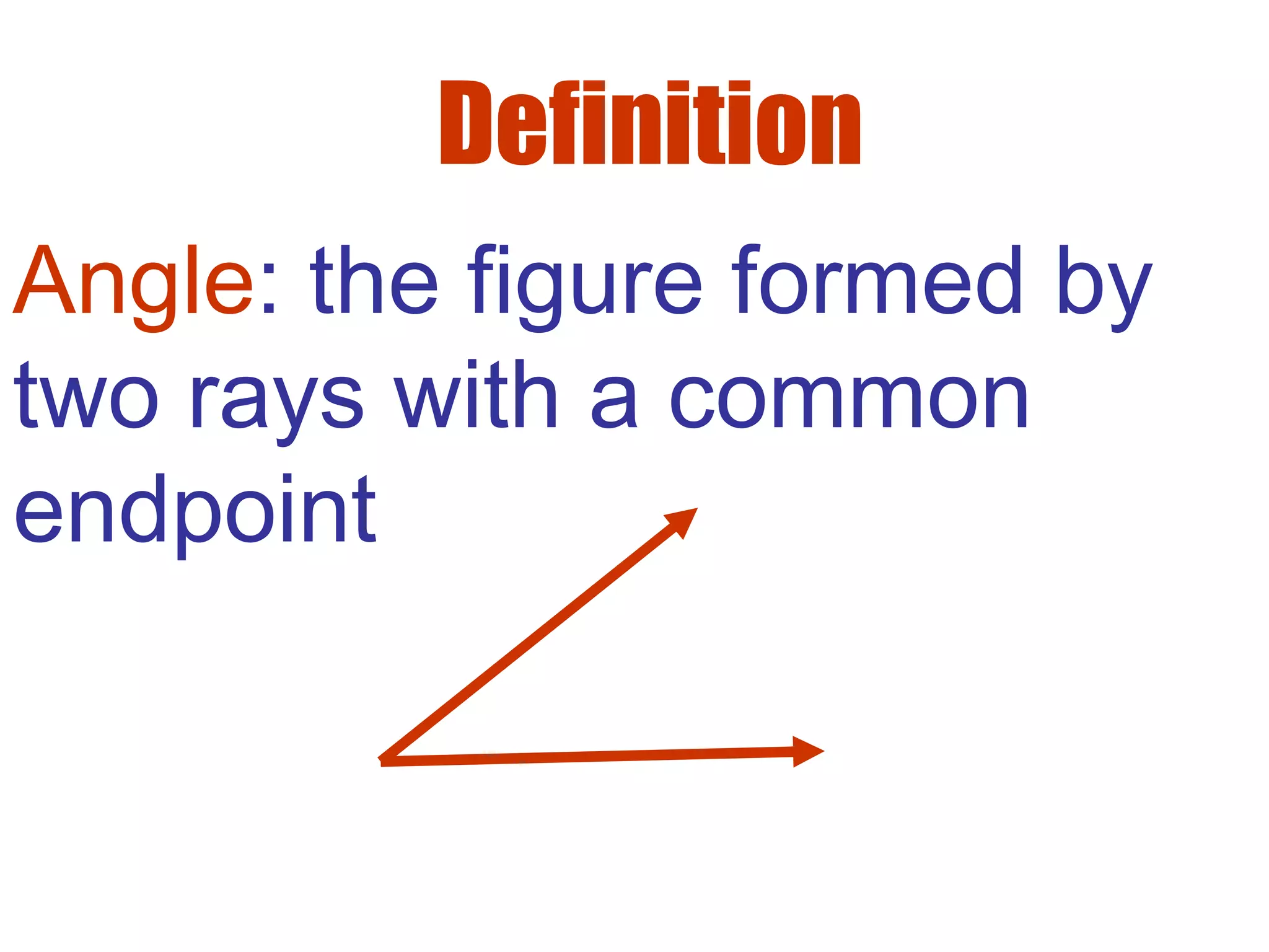 Definition
Angle: the figure formed by
two rays with a common
endpoint
 