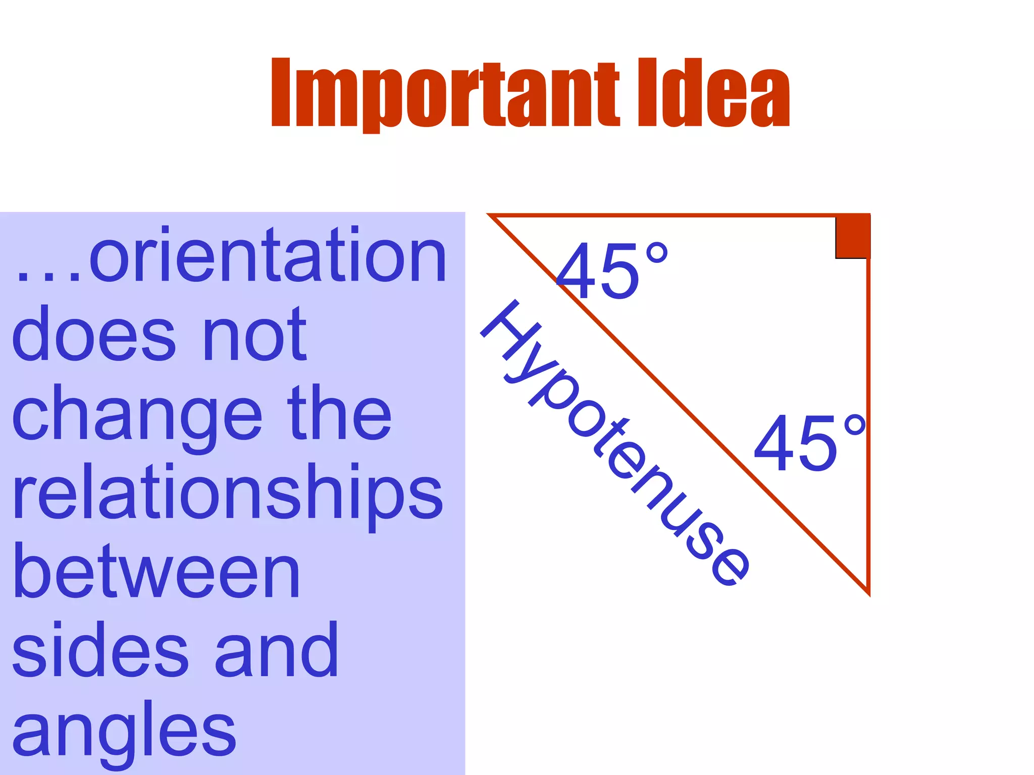 H
ypotenuse
…orientation
does not
change the
relationships
between
sides and
angles
45°
45°
Important Idea
 