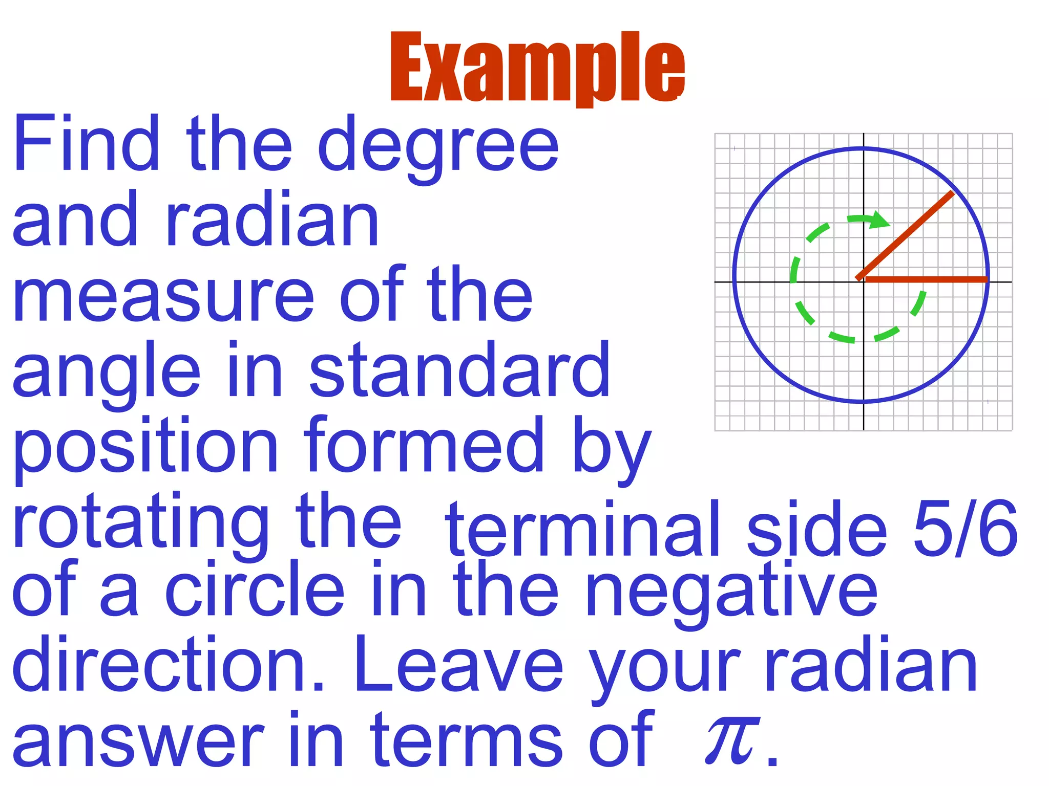 Example
Find the degree
and radian
measure of the
angle in standard
position formed by
rotating the terminal side 5/6
of a circle in the negative
direction. Leave your radian
answer in terms of .π
 