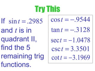 Try This
If
and t is in
quadrant II,
find the 5
remaining trig
functions.
sin .2985t = cos .9544t = −
tan .3128t = −
sec 1.0478t = −
csc 3.3501t =
cot 3.1969t = −
 