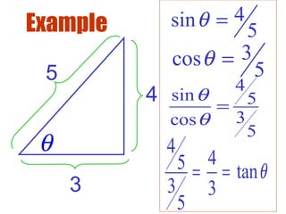 4
3
5
Example 4sin
5
θ =
3cos
5
θ =
4
sin 5
3cos
5
θ
θ
=
4
45 tan
3 3
5
θ= =
θ
 