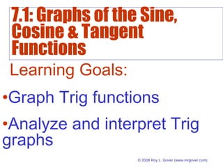 7.1: Graphs of the Sine,
Cosine & Tangent
Functions
© 2008 Roy L. Gover(www.mrgover.com)
Learning Goals:
•Graph Trig functions
•Analyze and interpret Trig
graphs
 