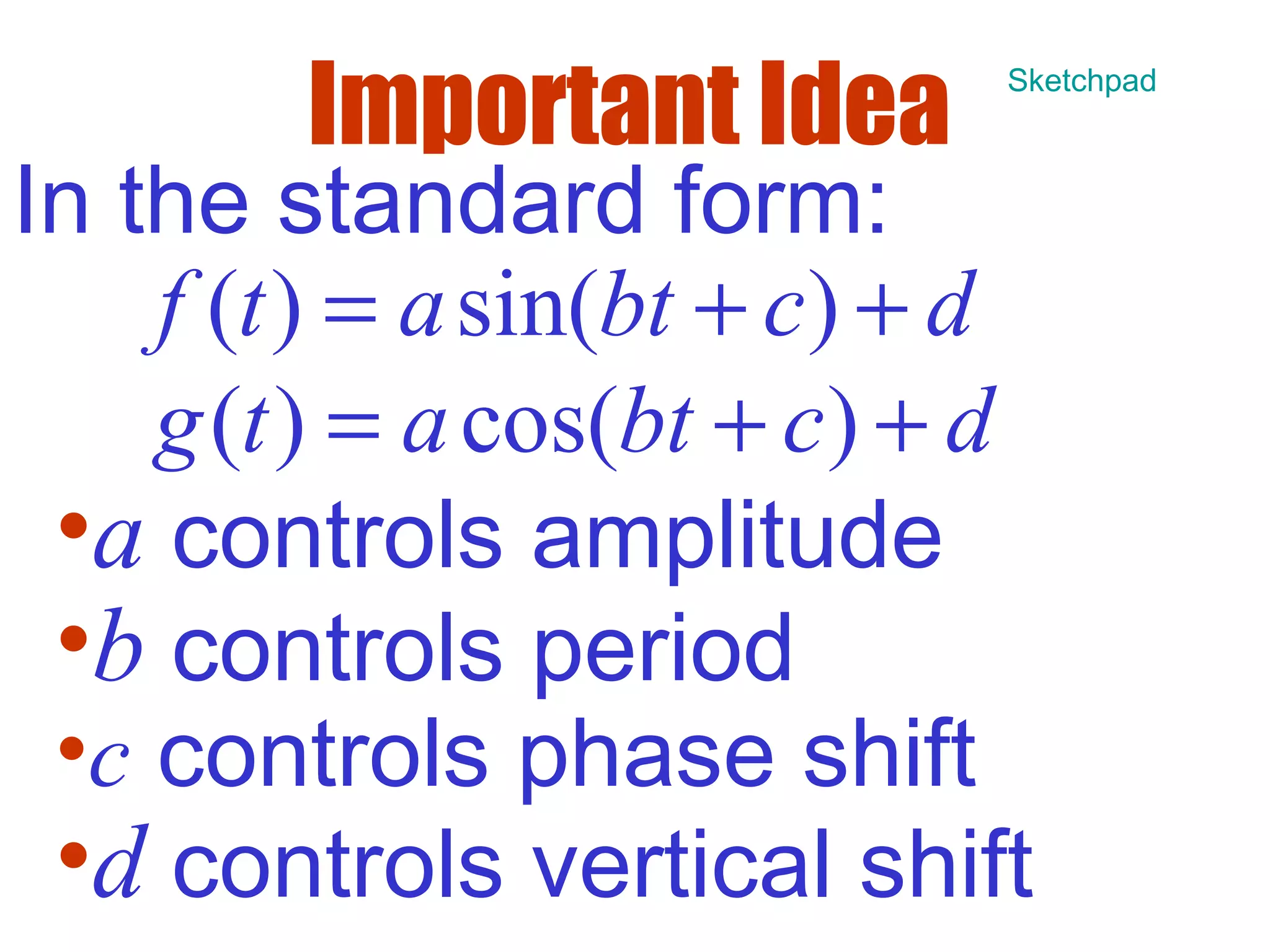 Important Idea
In the standard form:
( ) sin( )f t a bt c d= + +
( ) cos( )g t a bt c d= + +
•a controls amplitude
•b controls period
•c controls phase shift
•d controls vertical shift
Sketchpad
 