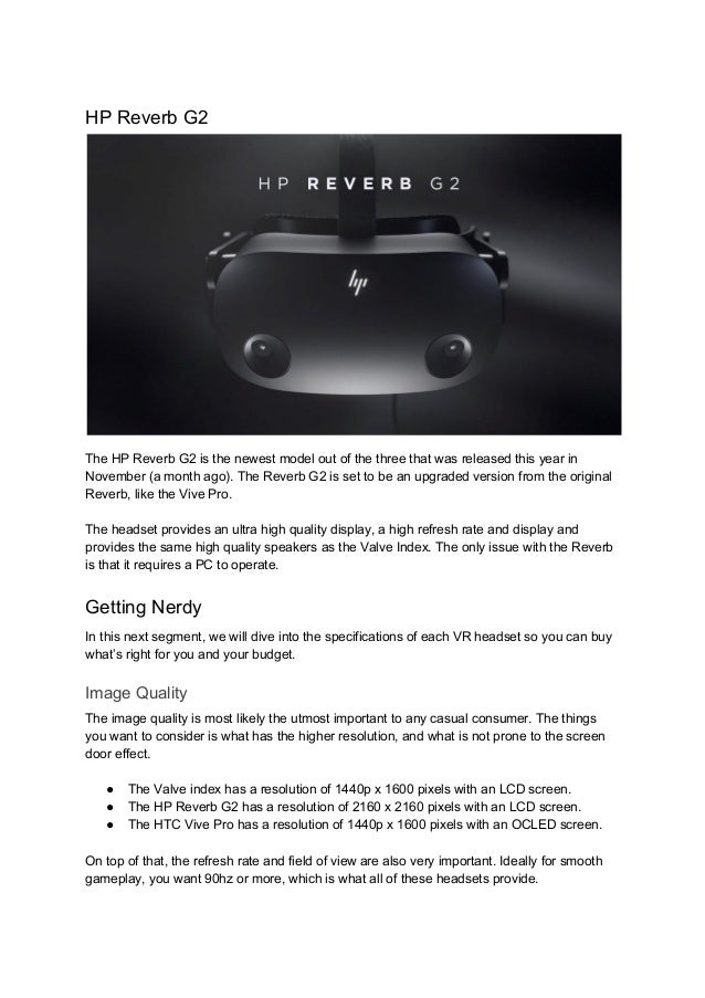 HP Reverb G2 Vs Valve Index Vs Vive Pro 