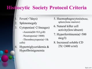 Histiocytic Society Protocol Criteria
1. Fever(>7days)
2. Splenomegaly
3. Cytopenias(>2 lineages)
-Anemia(hb<9.0 g/dl)
-Neutropenia(<1000)
-Thrombocytopenia(<1lk
cells)

4. Hypertriglyceridemia &
Hypofibrinigenemia

5. Haemophagocytosis(bone,
spleen,bone marrow)

6. Natural killer cell
activity(low/absent)
7. Hyperferritinemia(>500
mcg/l)
8. Increased soluble CD
25(>2400 u/ml)

 