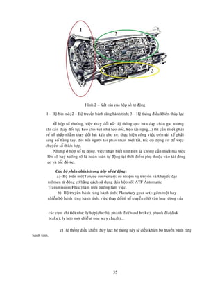 35
Hình 2 – Kết cấu của hộp số tự động
1 – Bộ bin mô; 2 – Bộ truyền bánh răng hành tinh; 3 – Hệ thống điều khiển thủy lực
c) Hệ thống điều khiển thủy lực: hệ thống này sẽ điều khiển bộ truyền bành răng
hành tinh.
 
