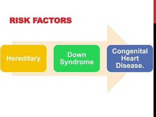 RISK FACTORS
Hereditary
Down
Syndrome
Congenital
Heart
Disease.
 
