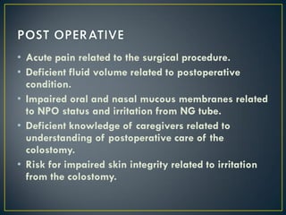 • Acute pain related to the surgical procedure.
• Deficient fluid volume related to postoperative
condition.
• Impaired oral and nasal mucous membranes related
to NPO status and irritation from NG tube.
• Deficient knowledge of caregivers related to
understanding of postoperative care of the
colostomy.
• Risk for impaired skin integrity related to irritation
from the colostomy.
 