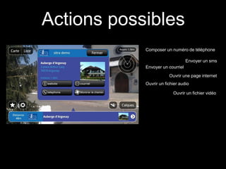 Actions possibles
            Composer un numéro de téléphone

                                  Envoyer un sms
            Envoyer un courriel
                        Ouvrir une page internet
            Ouvrir un fichier audio

                          Ouvrir un fichier vidéo
 
