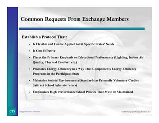 Common Requests From Exchange Members
Establish a Protocol That:
Is Flexible and Can be Applied to Fit Specific States’ Needs
Is Cost Effective
Places the Primary Emphasis on Educational Performance (Lighting, Indoor Air
Quality, Thermal Comfort, etc.)
Promotes Energy Efficiency in a Way That Compliments Energy Efficiency
Programs in the Participant State
Maintains Societal Environmental Standards as Primarily Voluntary Credits
(Attract School Administrators)
Emphasizes High Performance School Policies That Must Be Maintained

ers

energy&resource solutions

© 2002 Energy and Resource Solutions, Inc.

 