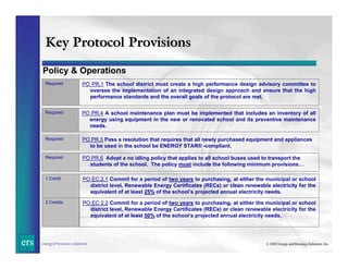 Key Protocol Provisions
Policy & Operations
Required

Required

PO PR.4 A school maintenance plan must be implemented that includes an inventory of all
energy using equipment in the new or renovated school and its preventive maintenance
needs.

Required

PO PR.5 Pass a resolution that requires that all newly purchased equipment and appliances
to be used in the school be ENERGY STAR® -compliant.

Required

PO PR.6 Adopt a no idling policy that applies to all school buses used to transport the
students of the school. The policy must include the following minimum provisions…

1 Credit

PO EC.2.1 Commit for a period of two years to purchasing, at either the municipal or school
district level, Renewable Energy Certificates (RECs) or clean renewable electricity for the
equivalent of at least 25% of the school’s projected annual electricity needs.

2 Credits

ers

PO PR.1 The school district must create a high performance design advisory committee to
oversee the implementation of an integrated design approach and ensure that the high
performance standards and the overall goals of the protocol are met.

PO EC 2.2 Commit for a period of two years to purchasing, at either the municipal or school
district level, Renewable Energy Certificates (RECs) or clean renewable electricity for the
equivalent of at least 50% of the school’s projected annual electricity needs.

energy&resource solutions

© 2002 Energy and Resource Solutions, Inc.

 